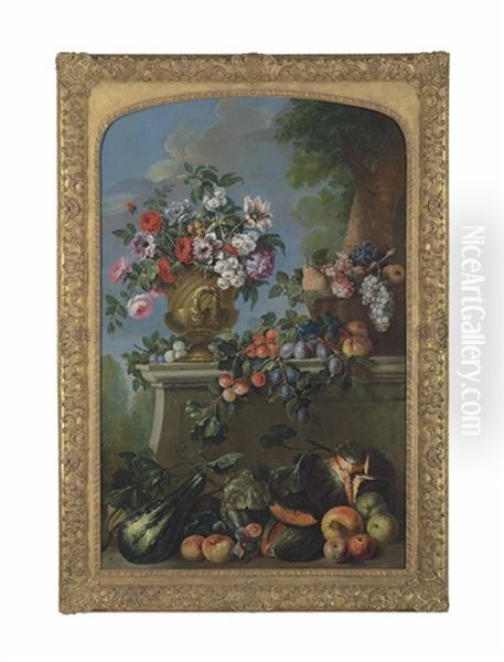 Roses, Peonies And Other Flowers In An Urn, Grapes And Peaches In A Basket On A Ledge, With Further Overflowing Fruit Oil Painting by Pierre Nicolas Huilliot