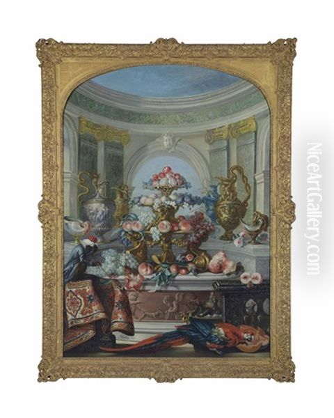 Fruit In A Gilt Tazza With Ewers On Marble Ledges And A Monkey Smoking A Pipe On A Draped Ledge, With A Macaw Oil Painting by Pierre Nicolas Huilliot