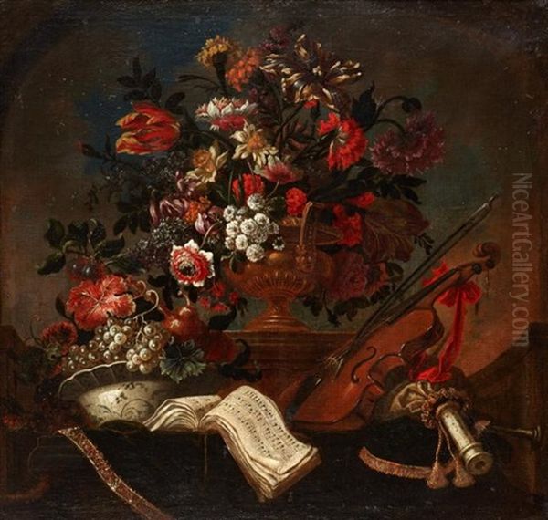 Fleurs Dans Un Vase De Bronze Pose Sur Un Entablement, Partitions Et Instruments De Musique Oil Painting by Pierre Nicolas Huilliot