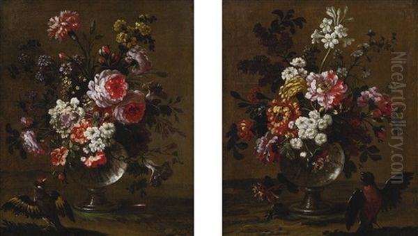 Bouquets Of Flowers In Glass Vases On Ledges With Birds (pair) Oil Painting by Pierre Nicolas Huilliot