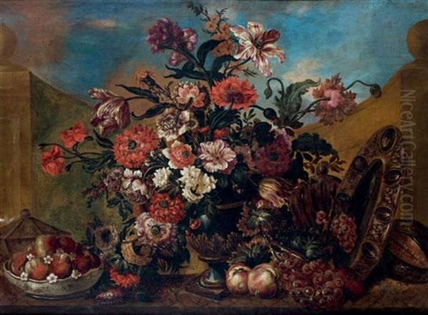 Bouquet De Fleurs Et Coupe De Peches Sur Un Entablement Oil Painting by Pierre Nicolas Huilliot