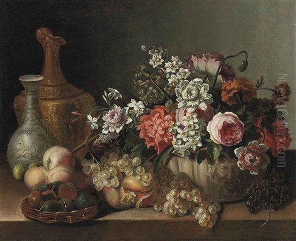 Roses, Carnations, Narcissi And Other Flowers In A Sculpted Urn, Figs In A Wicker Basket, A Gold Sculpted Pitcher, A Painted Porcelain Vase... Oil Painting by Pierre Nicolas Huilliot