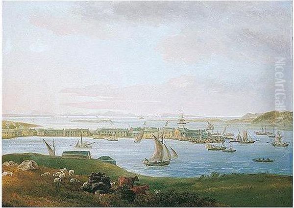 A View Of Mallaig Harbour, Inverness-shire, With The Island Of Skye Beyond Oil Painting by James Barret