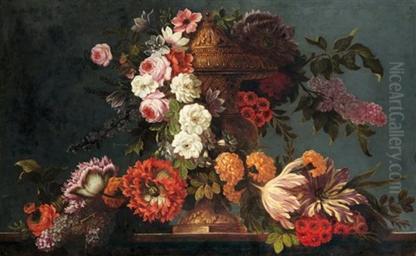 Nature Morte De Fleurs Sur Un Entablement Oil Painting by Pierre Nicolas Huilliot