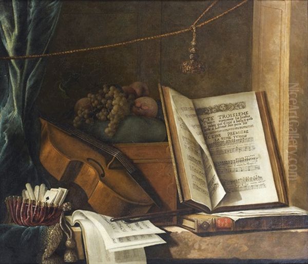 Nature Morte A La Viole De Gambe, Aux Partitions Musicales Et Aux Fruits Sur Un Entablement Oil Painting by Pierre Nicolas Huilliot