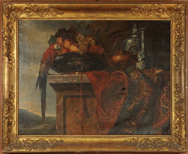 Perroquet Et Pieces D'orfevrerie Oil Painting by Pierre Nicolas Huilliot