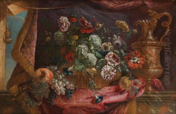 Nature Morte Aux Fleurs, Fruits Et Aiguiere Oil Painting by Pierre Nicolas Huilliot