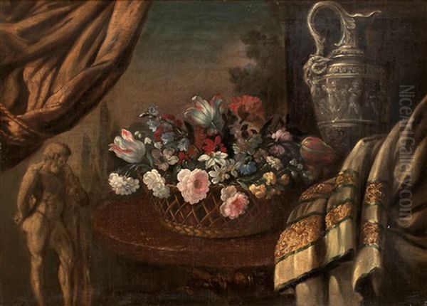 Stilleben Med Blommor, Kanna Och Herkulesskulptur Oil Painting by Pierre Nicolas Huilliot