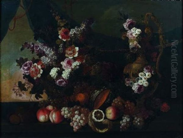 Nature Morte Aux Fleurs Et Aux Fruits Et A La Piece D'orfevrerie Oil Painting by Pierre Nicolas Huilliot