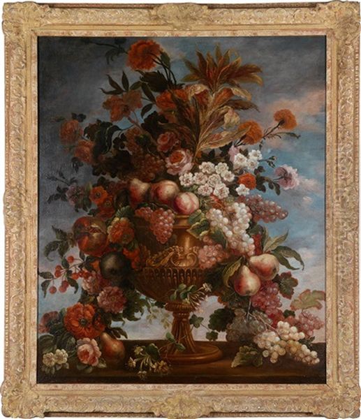 Ein Prunkstillleben Von Blumen, Trauben, Pfirsichen Und Pflaumen In Einer Metallvase Auf Einer Steinbrustung Oil Painting by Pierre Nicolas Huilliot