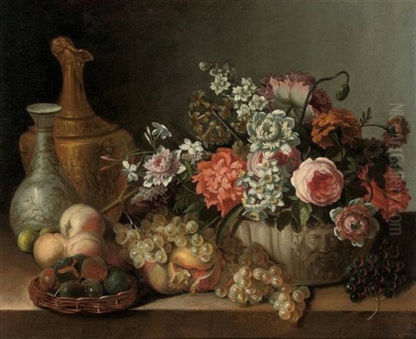 Roses, Carnations, Narcissi And Other Flowers In A Sculpted Urn, And Other Fruits On A Stone Ledge Oil Painting by Pierre Nicolas Huilliot