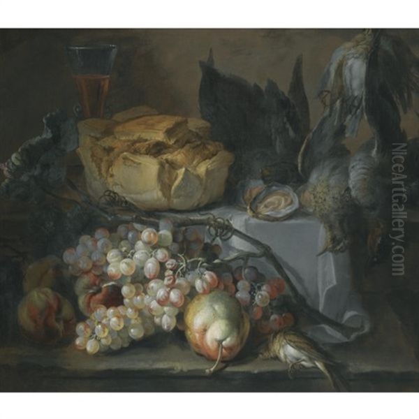 Still Life With A Loaf Of Bread, Oysters, Grapes And Dead Game Oil Painting by Pierre Nicolas Huilliot