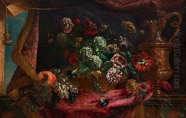 Vase De Fleurs Et Aiguiere Sur Un Entablement Oil Painting by Pierre Nicolas Huilliot