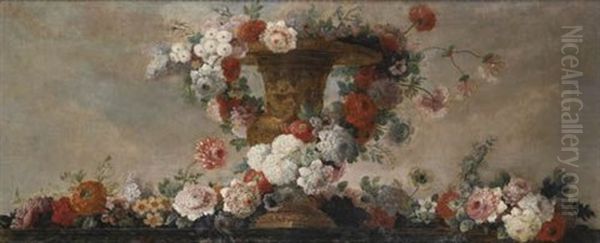 Natures Mortes A La Guirlande De Fleurs (+ Urne En Bronze Dore Sur Un Entablement De Marbre, Various Sizes; Pair) Oil Painting by Pierre Nicolas Huilliot