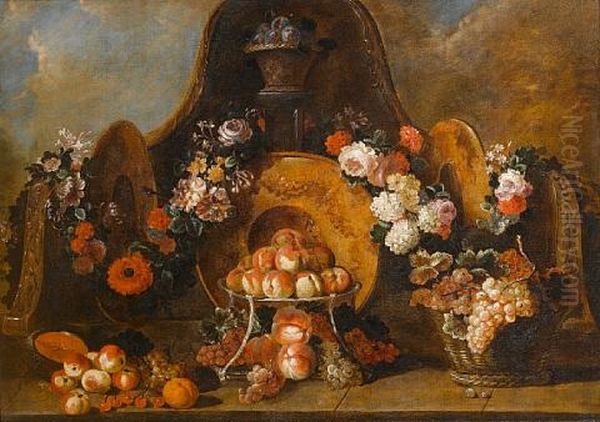 A Basket Of Plums With A Silver Gilt Tazza Of Peaches And Garlands Of Flowers Oil Painting by Pierre Nicolas Huilliot