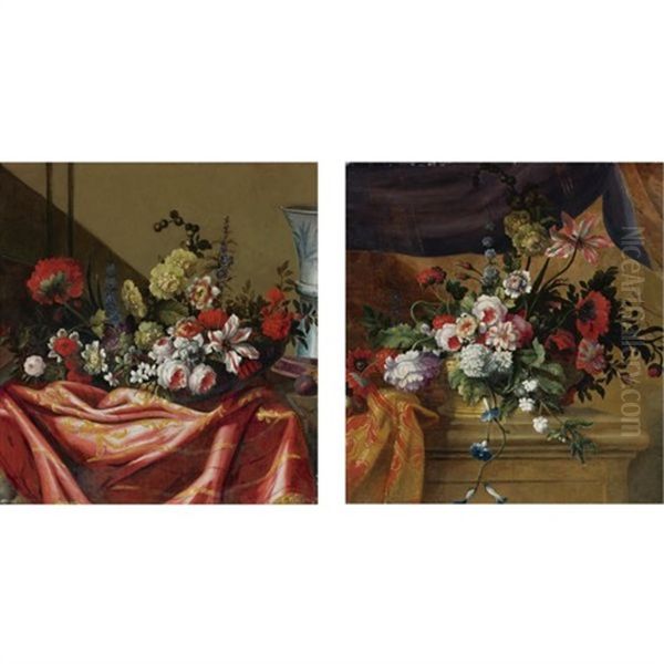 A Still Life Of Roses, Carnations, Lilies And Other Flowers On A Draped Ledge With A Vase (+ A Still Life Of Roses, Carnations, Lilies And Other Flowers Resting Upon A Stone Ledge; Pair) Oil Painting by Pierre Nicolas Huilliot