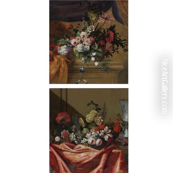 A Still Life Of Roses, Carnations, Lilies And Other Flowers On A Draped Ledge With A Vase (+ A Still Life Of Roses, Carnations, Lilies And Other Flowers Resting Upon A Stone Ledge; Pair) Oil Painting by Pierre Nicolas Huilliot