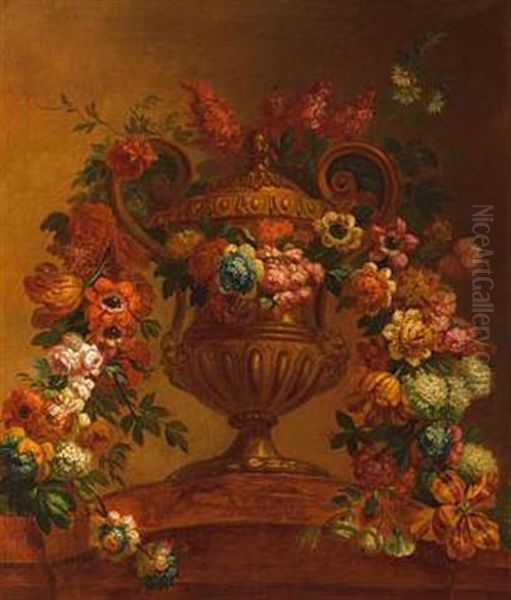 Fleurs Dans Un Vase Sur Un Entablement Oil Painting by Pierre Nicolas Huilliot