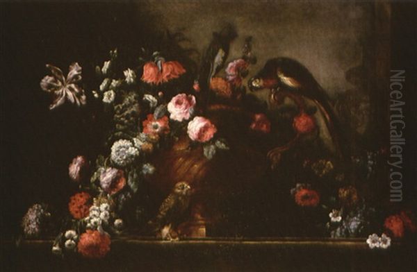 Natura Morta Con Vaso Di Fiori E Pappagallo Oil Painting by Pierre Nicolas Huilliot