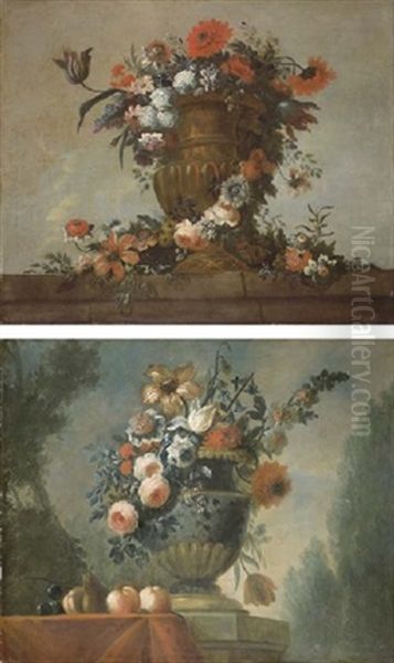 Urne Remplie De Fleurs Posee Sur Un Entablement (+ Urne Remplie De Fleurs Posee Sur Un Entablement; Pair) by Pierre Nicolas Huilliot