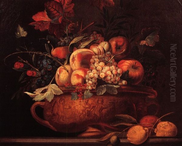 Coupe De Raisins, De Pommes Et De Peches Sur Un Entablement Oil Painting by Pierre Nicolas Huilliot