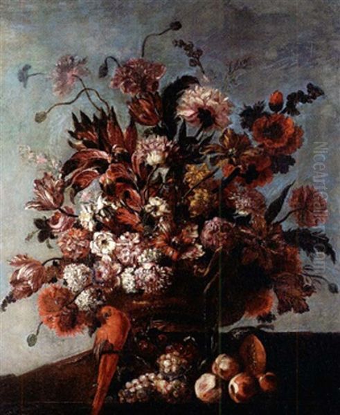 Perroquet Et Fruits Pres D'un Bouquet De Fleurs Sur Un Entablement Oil Painting by Pierre Nicolas Huilliot