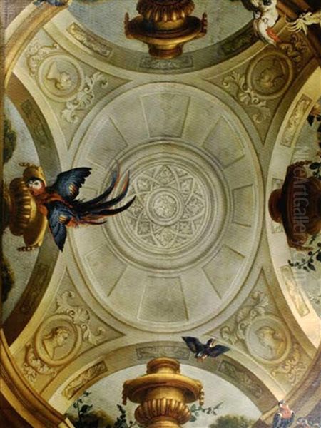 Plafond Aux Perroquets Et Aux Oiseaux Oil Painting by Pierre Nicolas Huilliot