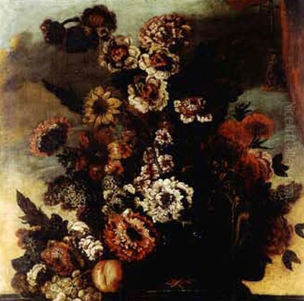 Vasque De Fleurs Sur Un Entablement Oil Painting by Pierre Nicolas Huilliot