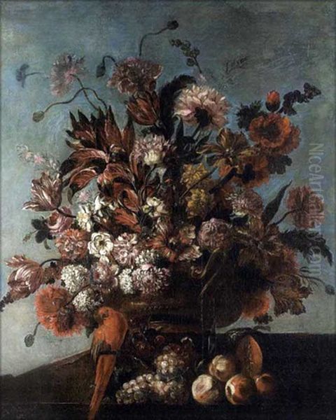 Perroquet Et Fruits Pres D'un Bouquet De Fleurs Sur Un Entablement Oil Painting by Pierre Nicolas Huilliot