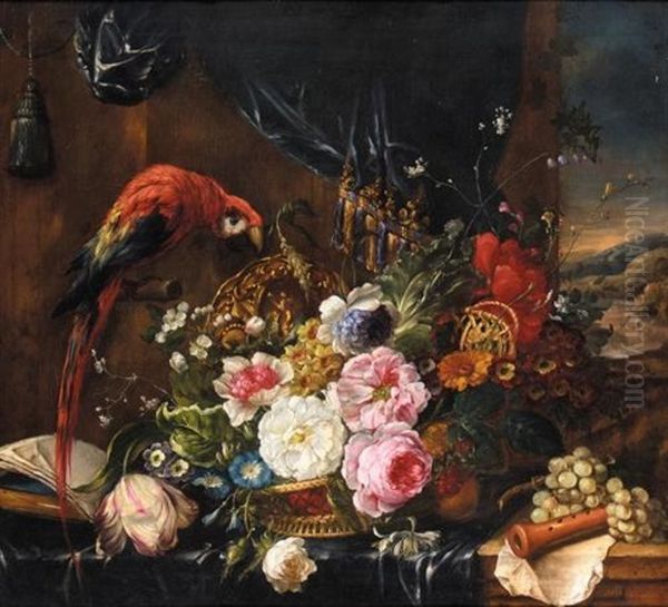 A Still Life Of Various Flowers In A Basket With A Parrot Oil Painting by Pierre Nicolas Huilliot