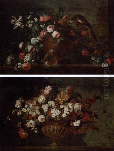 Mixed Flowers In An Urn With A Parrot And A Hawk On A Ledge (+ Mixed Flowers In An Urn On A Ledge; Pair) Oil Painting by Pierre Nicolas Huilliot