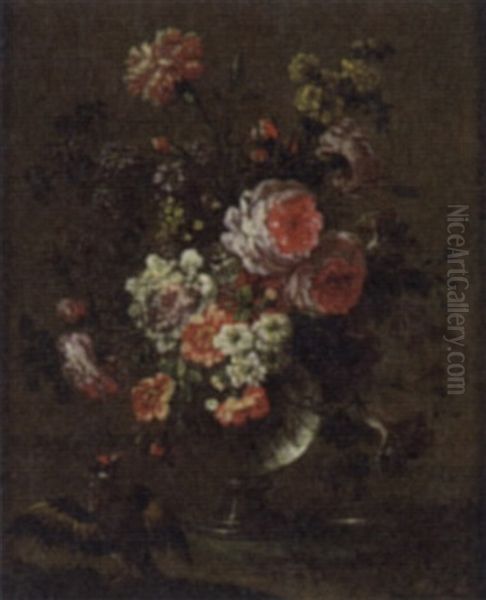 Sill Life Of Flowers In A Vase With Birds Oil Painting by Pierre Nicolas Huilliot