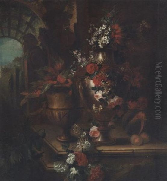 Roses, Poppies, Honeysuckle, Hollyhocks, Morning Glory, Peonies, Narcissi And Other Flowers In A Vase, With Foliage In An Urn And A Melon And Peaches On A Stone Ledge, A Garden Beyond Oil Painting by Pierre Nicolas Huilliot