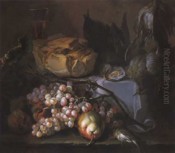 Nature Morte Aux Raisins, Miche De Pain Et Gibier Sur Un Entablement Oil Painting by Pierre Nicolas Huilliot