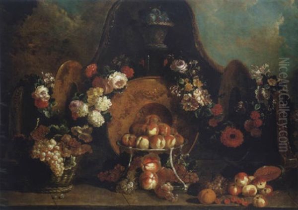 Peches Et Raisins Avec Des Guirlandes De Fleurs Sur Un Entablement Oil Painting by Pierre Nicolas Huilliot