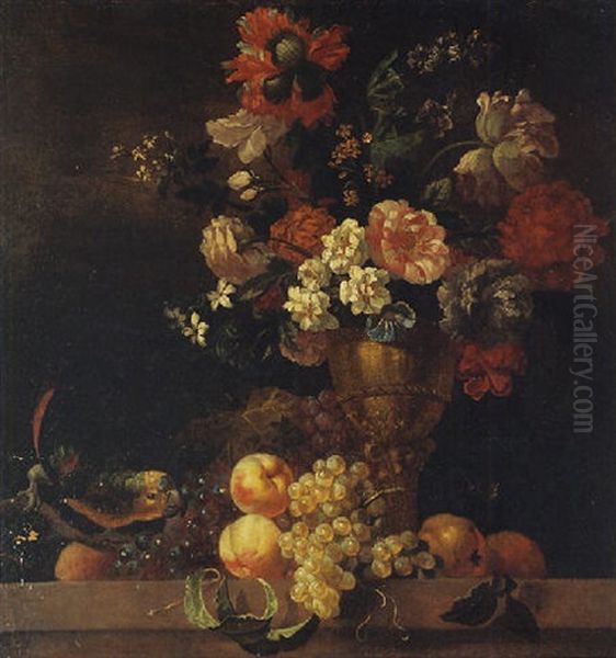 Carnations, Peonies And Other Flowers In A Sculpted Urn On A Stone Ledge, With A Parrot Resting Beside Peaches, Grapes And Pears Oil Painting by Pierre Nicolas Huilliot