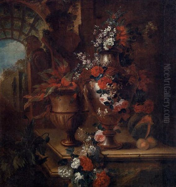 Roses, Poppies, Honeysuckle, Hollyoaks, Morning Glory, Peonies, Narcissi And Other Flowers In A Vase Oil Painting by Pierre Nicolas Huilliot