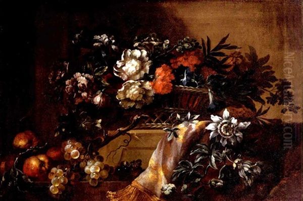 Roses, Carnations, Peonies And Other Flowers In A Basket Next To Some Apples And Grapes On A Partially Draped Stepped Stone Ledge Oil Painting by Pierre Nicolas Huilliot