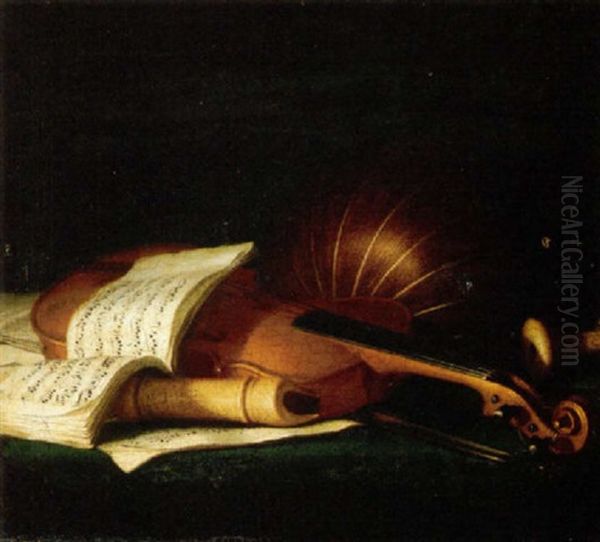 Still Life Of A Violin And Bow, Together With A Recorder, A Lute And An Open Music Score Upon A Table Top Oil Painting by Pierre Nicolas Huilliot