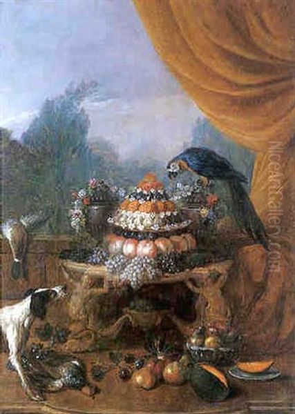 Nature Morte Au Buffet De Fruits, Chien Et Perroquet Oil Painting by Pierre Nicolas Huilliot