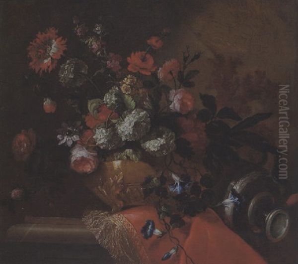 Grosser, Dekorativer Blumenstrauss Mit Rosen, Schneeballen Und Anderen Bluten In Einer Vergoldeten Prunkvase Oil Painting by Pierre Nicolas Huilliot