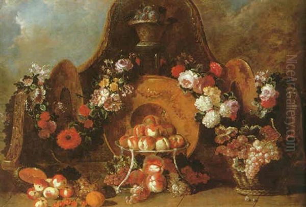 A Still Life Of Peaches In A Silver Tazza Before A Gold Plate Surrounded By A Garland Of Flowers And Various Fruits On A Stone Terrace Oil Painting by Pierre Nicolas Huilliot