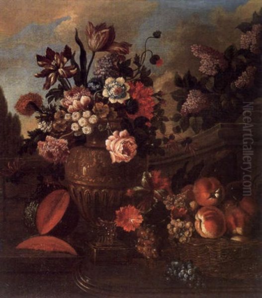 Vase De Fleurs, Pasteque Et Panier De Fruits Pres D'un Muret Oil Painting by Pierre Nicolas Huilliot