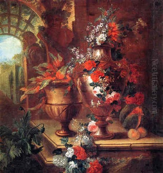 Still Life Of Roses, Poppies, Honeysuckle, Hydrangeas And Other Flowers In An Urn Resting On A Stone Ledge Oil Painting by Pierre Nicolas Huilliot