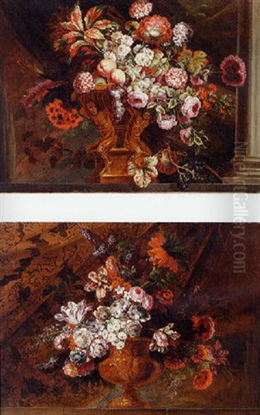 Flowers In A Sculpted Vases On Stone Ledges Oil Painting by Pierre Nicolas Huilliot