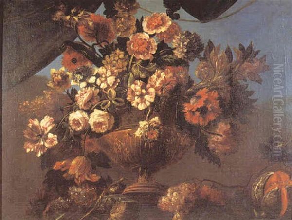 Grand Bouquet De Fleurs Variees Dans Un Vase Sur Un Entablement Oil Painting by Pierre Nicolas Huilliot