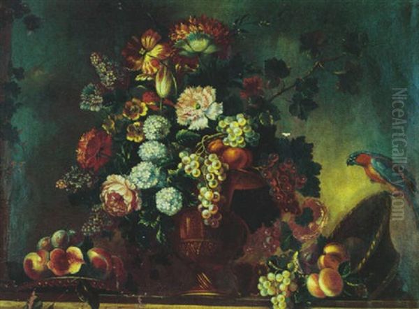 Bouquet De Fleurs Et Fruits Sur Un Entablement Oil Painting by Pierre Nicolas Huilliot