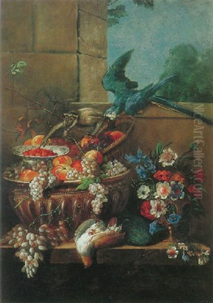 Still Life Of Fruit And Flowers Resting On The Ledge With A Monkey And A Parrot Oil Painting by Pierre Nicolas Huilliot