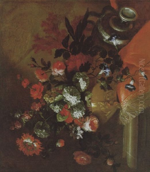 Groser Dekorativer Blumenstraus Mit Rosen, Schneeballen Und Anderen Bluten In Einer Vergoldeten Prunkvase Oil Painting by Pierre Nicolas Huilliot