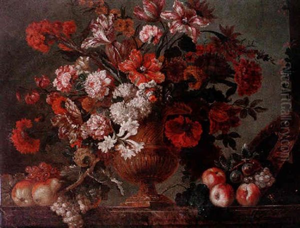 A Still Life Of Flowers In An Urn With Fruit Resting On A Marble Ledge Oil Painting by Pierre Nicolas Huilliot